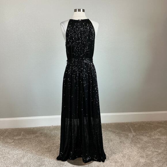 DKNY Sequined Halter Maxi Dress Size 8 Black Sequined Sleeveless Long Formal - Picture 6 of 14